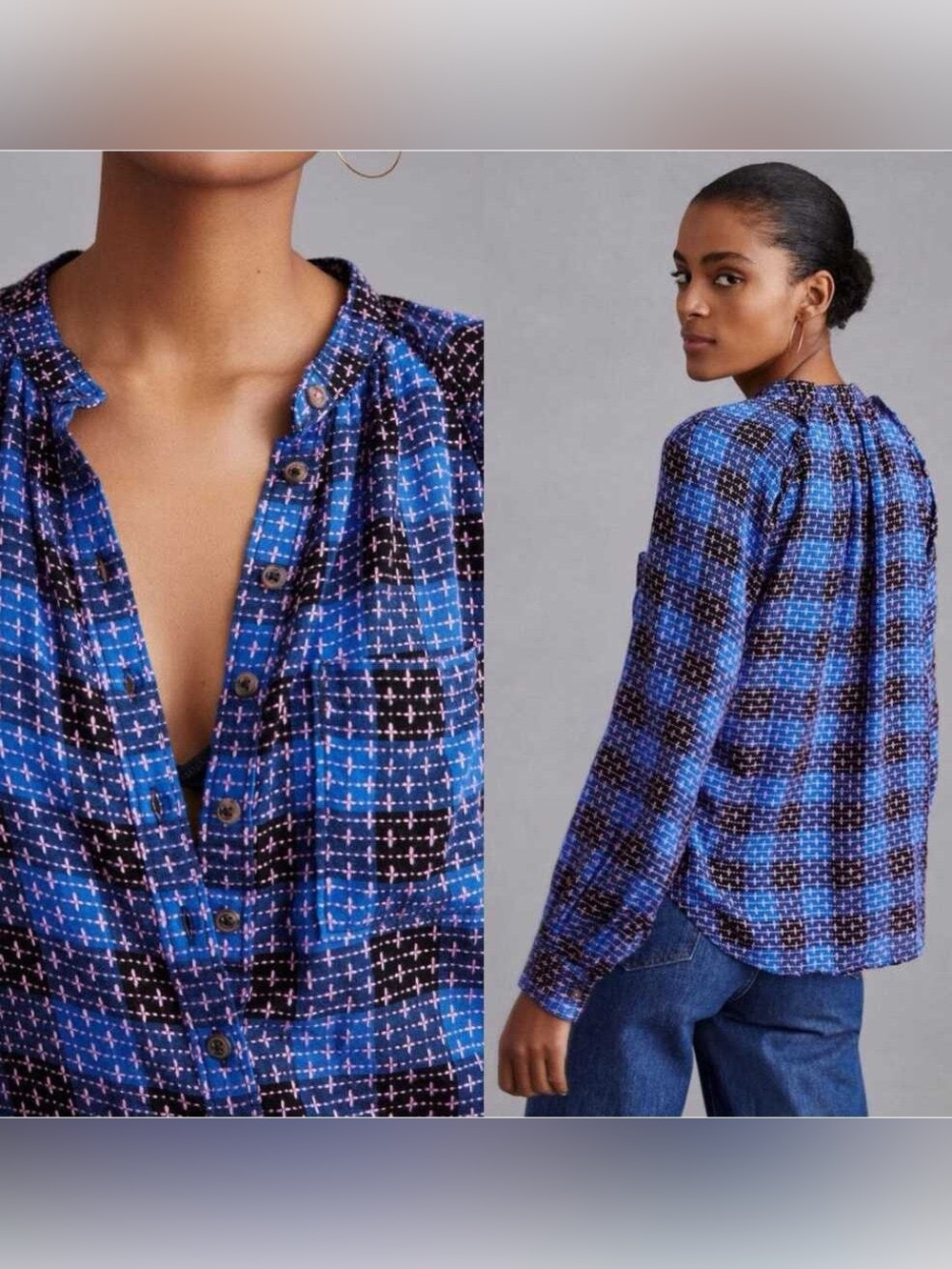 Pilcro Plaid Embroidered Stitch Long Sleeve Button Up Size L